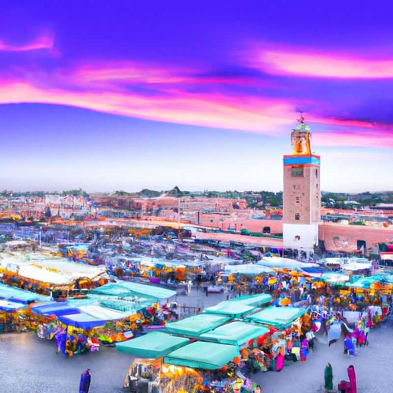 A lone traveler immersed in the vibrant chaos of Djemaa el-Fna, the heart of Marrakech, Morocco, embarking on a transformative 2-week journey of discovery and cultural immersion during the bustling summer months.