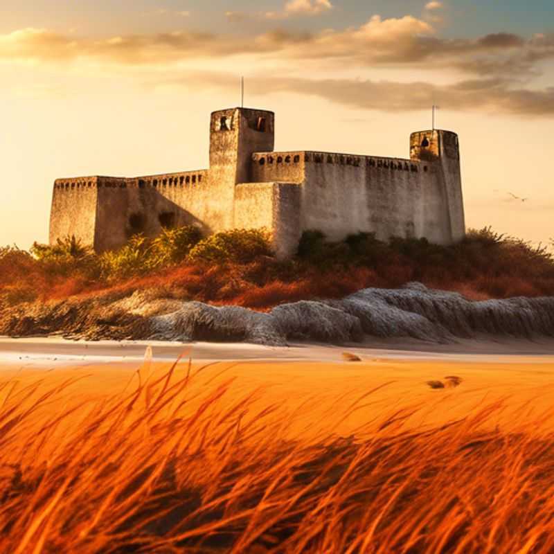 Um casal explorando a Fortaleza de São Sebastião, em Moçambique, durante um dia inesquecível em sua jornada de um ano. A fortaleza imponente se ergue contra o céu outonal, um testemunho da história e da beleza do país.