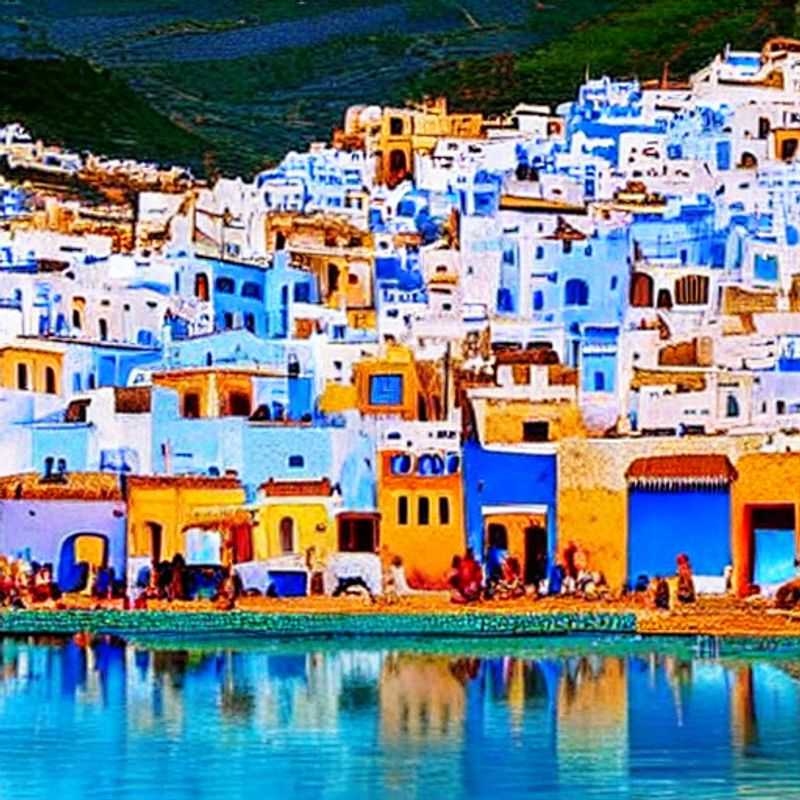 Chefchaouen, Maroc : maisons bleues éclatantes sous le soleil estival. (Chefchaouen, Morocco: dazzling blue houses under the summer sun.)