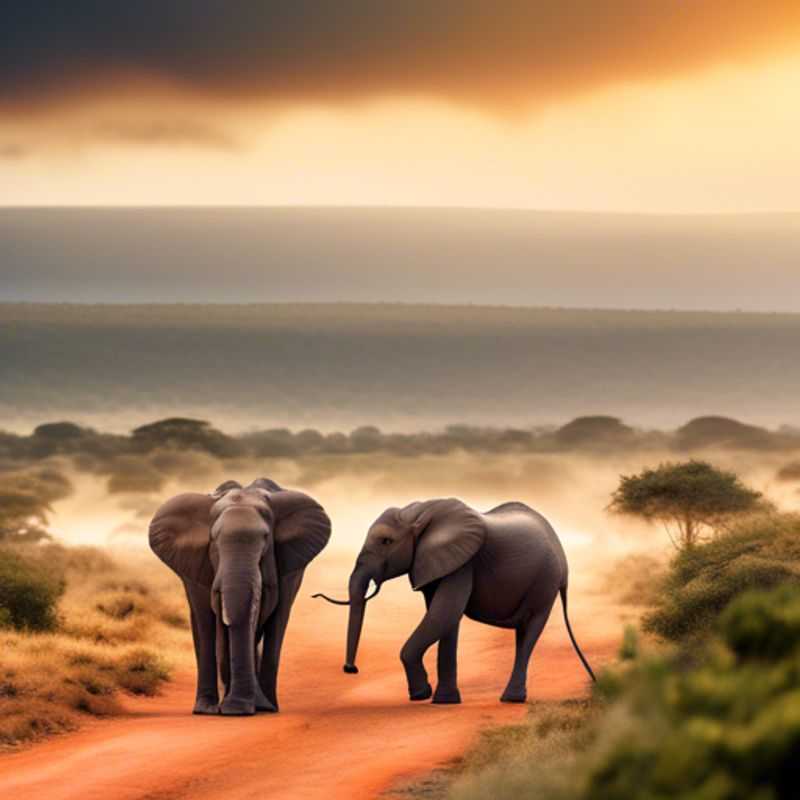 A lone traveler, dubbed The Foodie, stands in awe amidst the majestic African elephants roaming freely in the lush, verdant landscapes of Addo Elephant National Park, South Africa, during the transitional season between summer and fall.