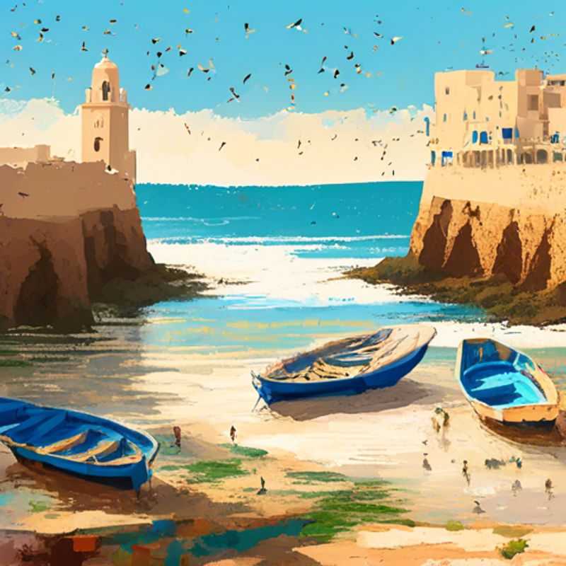 Familia con niños disfrutando de la atmósfera relajada y pintoresca de la ciudad amurallada de Essaouira, Marruecos, durante su visita de último minuto en primavera.