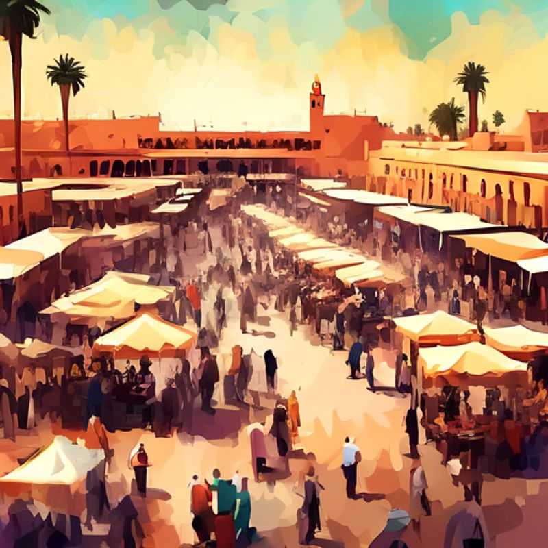 Three intrepid Gap Year Travelers immersed in the vibrant energy of Djemaa el-Fna, Marrakech's iconic market square, where the sights, sounds, and aromas of Moroccan culture come alive during their spring adventure.