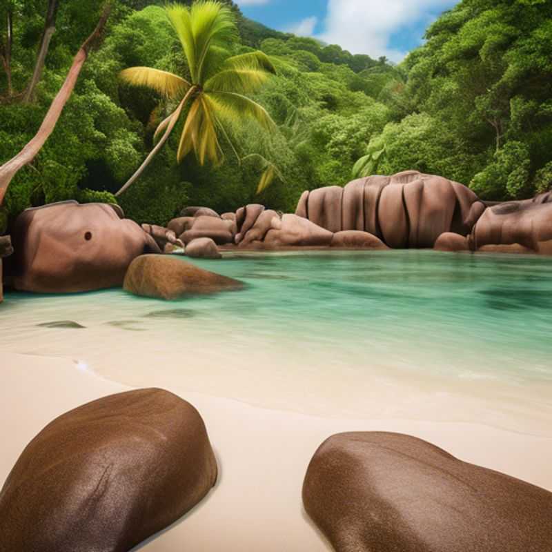 Dos parejas de ecoturistas disfrutando de la exuberante vegetación y las playas prístinas de la Isla Praslin, Seychelles, durante su breve pero memorable visita en otoño.