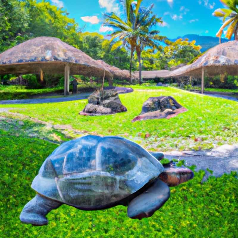 A family with children exploring the lush Seychelles National Botanical Gardens, a vibrant tapestry of tropical plants, exotic flowers, and towering trees, during their week-long summer vacation in the Seychelles.
