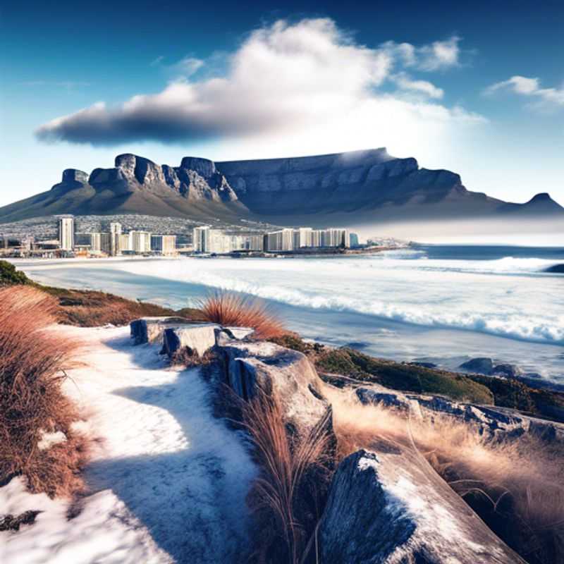 A solo traveler stands in awe at the majestic Table Mountain in South Africa, the flat-topped peak casting a long shadow across the rugged landscape, during a winter adventure in the Mother City.