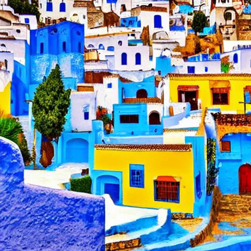 Chefchaouen, Maroc : maisons bleues éclatantes sous le soleil estival. (Chefchaouen, Morocco: dazzling blue houses under the summer sun.)