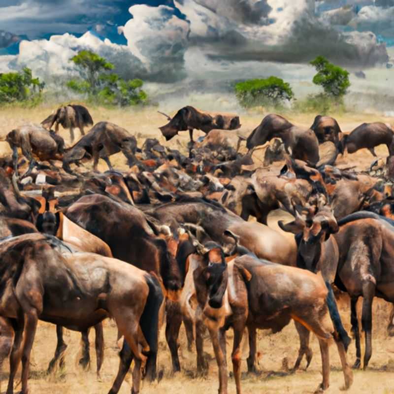 A group of six adventurers witness the breathtaking spectacle of the Wildebeest Migration in Kenya/Tanzania during their five-day spring safari. The vast plains teem with countless wildebeest and zebras, creating an awe-inspiring display of nature's grandeur.
