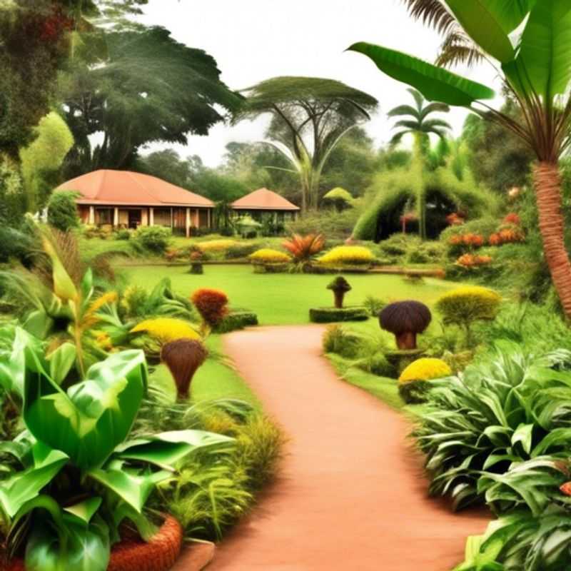 A family of The Staycationers, including children, strolling through the lush, verdant pathways of the Entebbe Botanical Garden in Uganda during the vibrant fall season, surrounded by the tranquil beauty of nature.