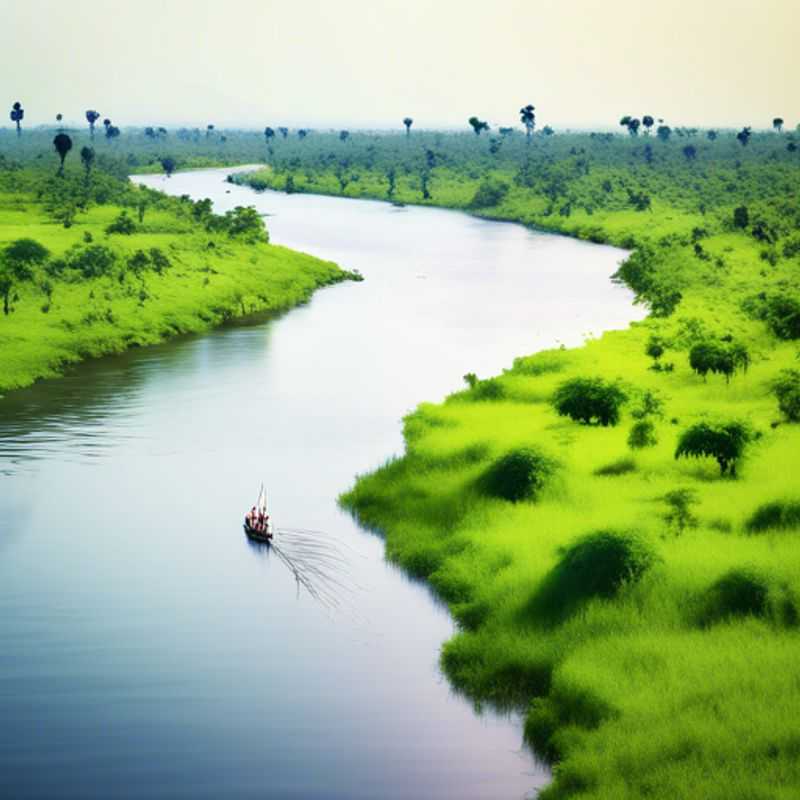 A serene view of the Nile River in Uganda/Sudan, where a couple embraces wellness amidst the breathtaking natural beauty of lush green banks and the sparkling water, enjoying a rejuvenating spring escape.
