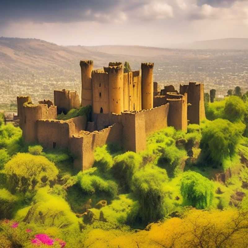 The majestic Gondar Castles, a stunning architectural marvel from the 17th century, stand tall against the lush, verdant backdrop of Ethiopia's spring landscape, enchanting the senses of the two couples, The Romantic Travelers, as they explore the rich history and captivating beauty of this remarkable destination.