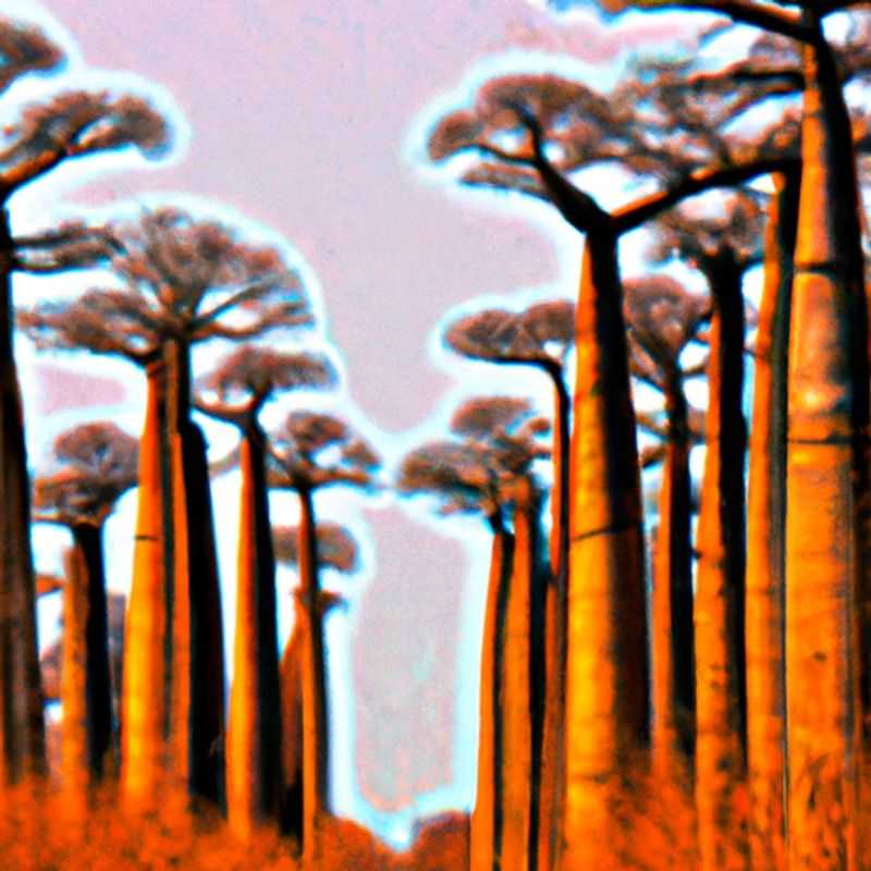An awe-inspiring journey down the Avenue of the Baobabs in Madagascar during the vibrant fall season, as a couple marvels at the majestic silhouettes of these ancient trees, standing tall against the golden backdrop of the setting sun.