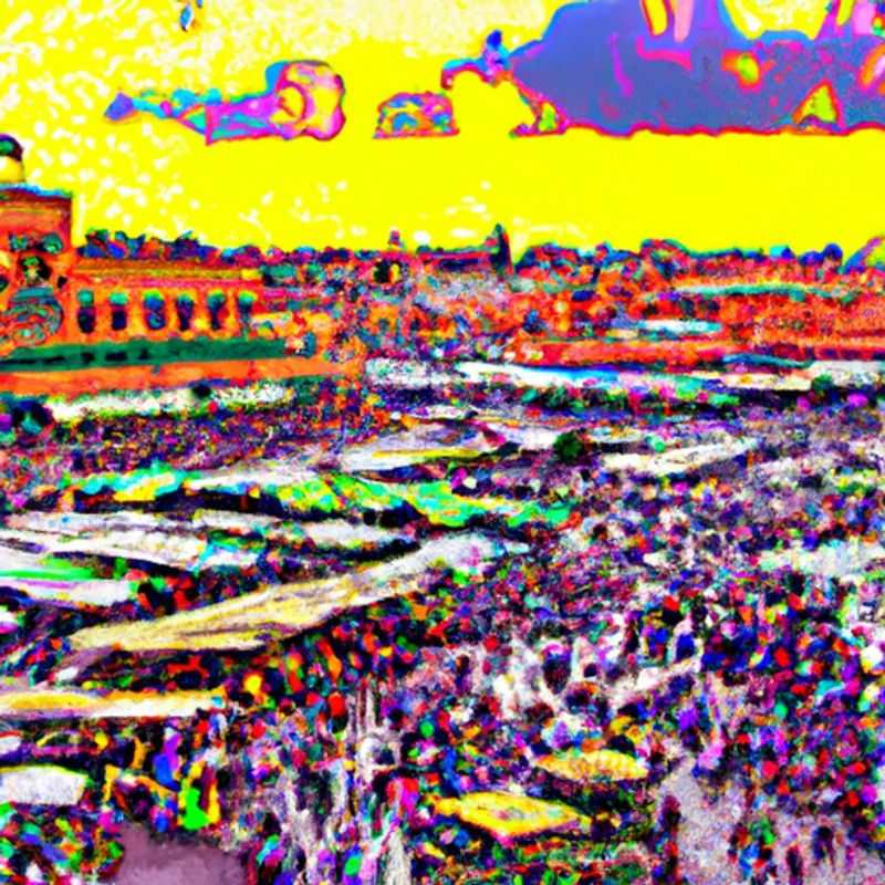 A lone traveler immersed in the vibrant chaos of Djemaa el-Fna, the heart of Marrakech, Morocco, embarking on a transformative 2-week journey of discovery and cultural immersion during the bustling summer months.