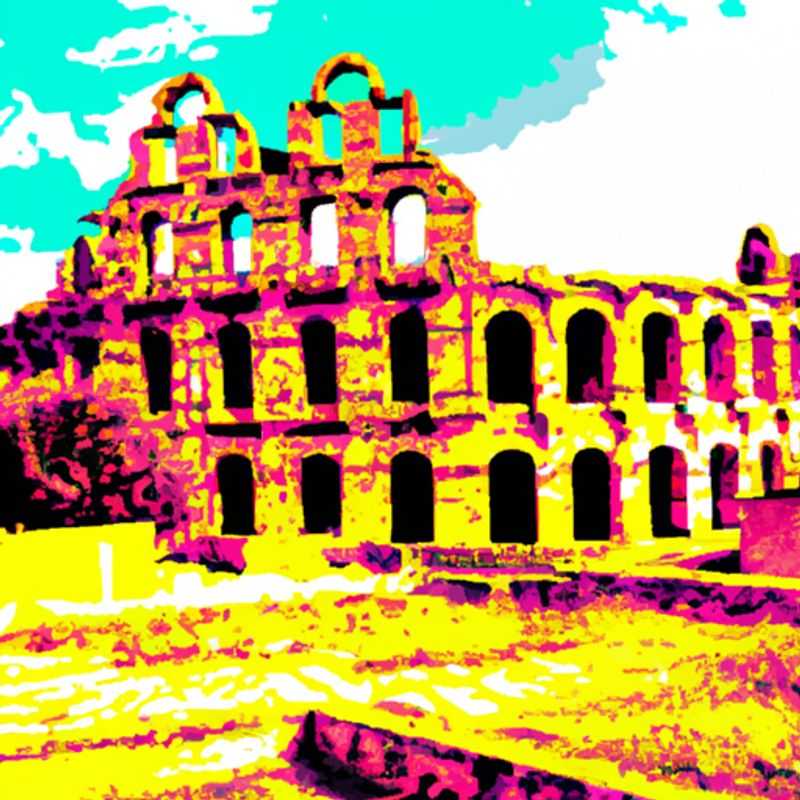 A solitary traveler stands in awe before the majestic El Djem Amphitheater in Tunisia, its towering stone arches and sweeping expanse echoing the grandeur of ancient Roman times. The traveler has embarked on a weeklong journey to immerse themselves in the rich history and captivating atmosphere of this architectural marvel during the vibrant hues of fall.