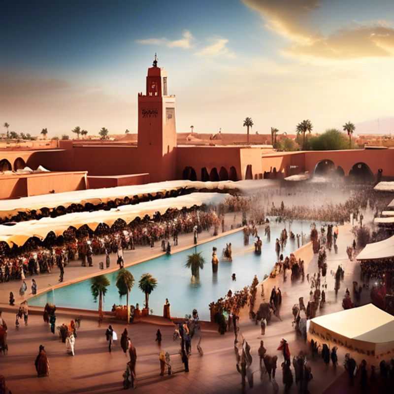 La place Djemaa el-Fna à Marrakech, un vibrant spectacle de charme et de chaos, grouillant de charmeurs de serpents, de conteurs et de vendeurs de rue au crépuscule.