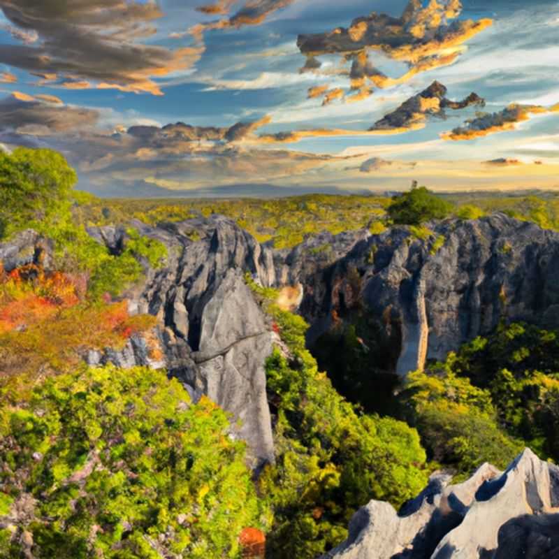 A group of six adventurers marvel at the awe-inspiring Tsingy de Bemaraha National Park, a UNESCO World Heritage Site, during their week-long expedition in Madagascar, where towering limestone formations and subterranean caves create a surreal and breathtaking landscape.