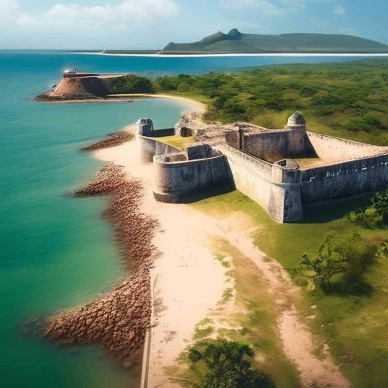 Um casal explorando a Fortaleza de São Sebastião, em Moçambique, durante um dia inesquecível em sua jornada de um ano. A fortaleza imponente se ergue contra o céu outonal, um testemunho da história e da beleza do país.