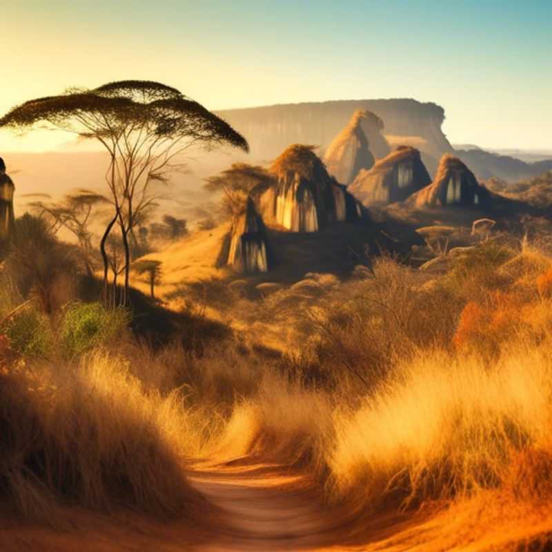 A lone explorer stands in awe before the towering sandstone formations of Isalo National Park, Madagascar, a mystical landscape that beckons the intrepid soul on a journey of discovery and adventure.