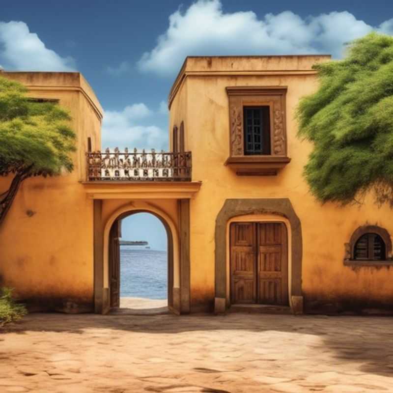 Deux couples, voyageurs de luxe, se promènent sur l'île de Gorée, au Sénégal, pendant l'automne. On peut voir les couleurs vibrantes des bâtiments coloniaux contrastant avec le bleu profond de l'océan Atlantique.