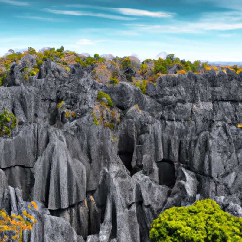 A couple marvels at the awe-inspiring grandeur of Tsingy de Bemaraha National Park in Madagascar, a labyrinth of towering limestone formations, during their week-long winter adventure.