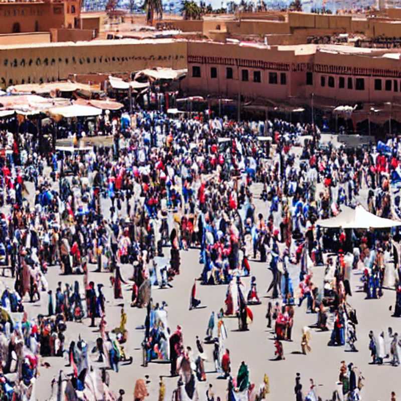 Bustling Djemaa el-Fna square in Marrakech, Morocco, showcasing the vibrant atmosphere and diverse crowds – a reminder of the importance of staying alert and aware of your surroundings while exploring this magical place.