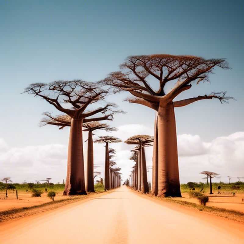 L'allée des baobabs à Madagascar, un spectacle majestueux de baobabs imposants se dressant fièrement sous le ciel.