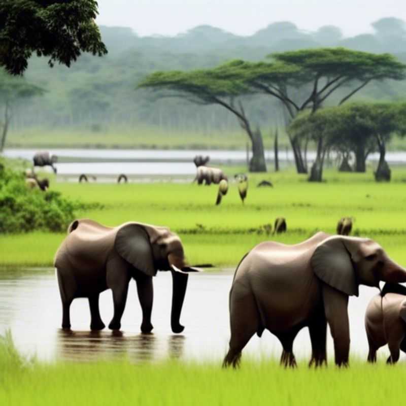Three intrepid budget travelers, eager to uncover the hidden wonders of Loango National Park, Gabon, stand in awe before a majestic herd of forest elephants, a rare and captivating sight during their spring adventure.
