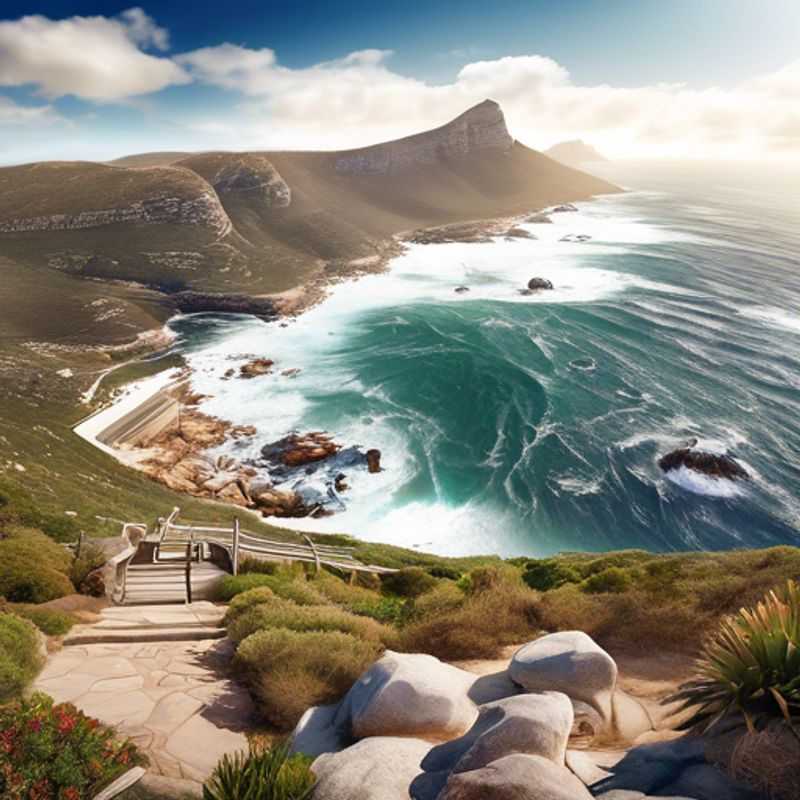 El Cabo de Buena Esperanza, Sudáfrica: Impresionante vista del icónico promontorio donde el Océano Atlántico y el Océano Índico se encuentran.