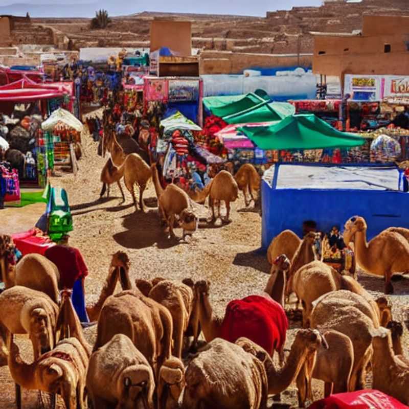 A bustling scene at the Guelmim Camel Market in Morocco, showcasing the vibrant atmosphere and diverse array of camels.