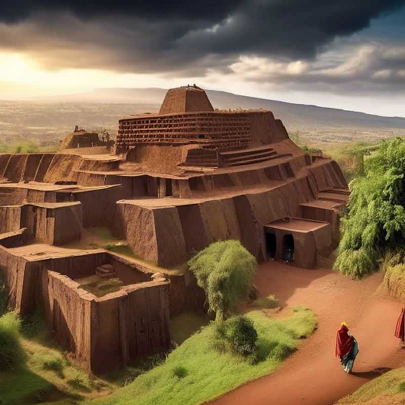 A family of adventurers stand in awe before the ancient Lalibela Rock-Hewn Churches, Ethiopia, bathed in the golden light of a winter sun. The children, wide-eyed with wonder, are captivated by the intricate carvings and the timeless history of these architectural marvels.