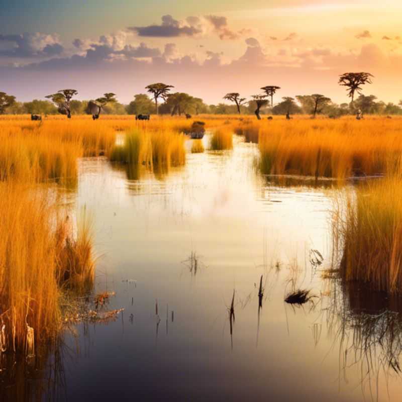 A family of wellness travelers, including young children, exploring the lush, life-giving Okavango Delta in Botswana, a natural wonder teeming with diverse wildlife and serene beauty, during the transitional season between summer and fall.
