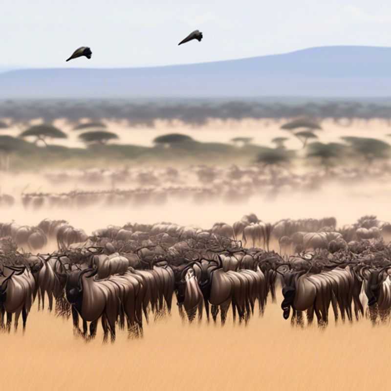Un couple romantique admire la majestueuse migration des gnous en Tanzanie/Kenya, un spectacle fascinant de la nature lors de la transition entre l'été et l'automne.