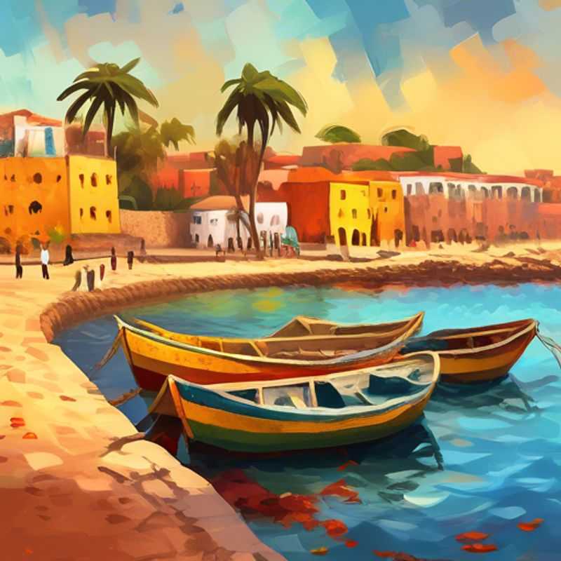 Deux couples, voyageurs de luxe, se promènent sur l'île de Gorée, au Sénégal, pendant l'automne. On peut voir les couleurs vibrantes des bâtiments coloniaux contrastant avec le bleu profond de l'océan Atlantique.