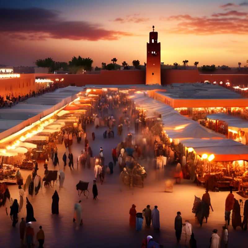 La place Djemaa el-Fna à Marrakech, un vibrant spectacle de charmeurs de serpents, conteurs, et marchands au crépuscule.