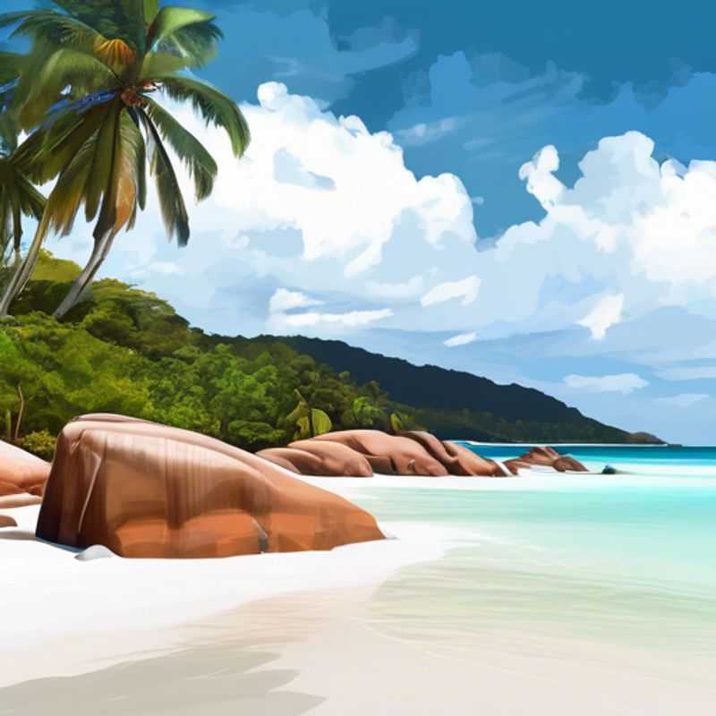 Un voyageur romantique seul se délectant des eaux turquoise et du sable blanc immaculé de l'île de Praslin aux Seychelles, un paradis tropical baigné de soleil pendant l'hiver.