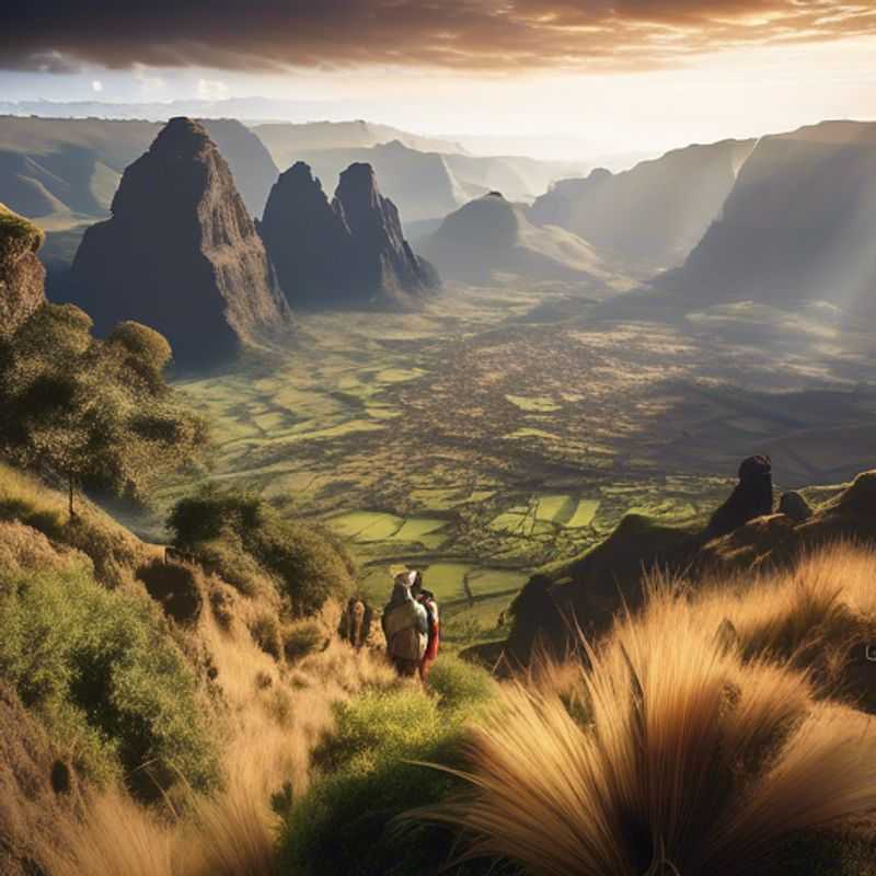 Famille de voyageurs en groupe admirant les sommets escarpés et les paysages époustouflants du Parc national des monts Simien en Éthiopie, lors de leur escapade automnale.