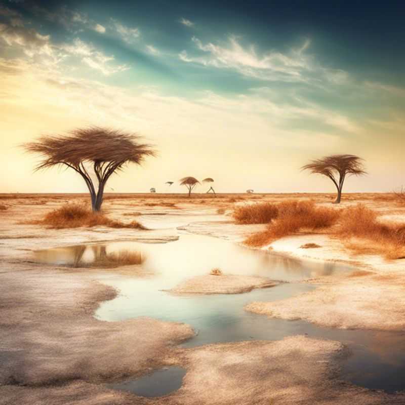 Un viajero solitario explora las vastas y surrealistas llanuras blancas de los salares de Makgadikgadi en Botswana, donde el cielo se funde con la tierra bajo el sol abrasador. La temporada de transición entre el verano y el otoño ofrece una perspectiva única del paisaje.