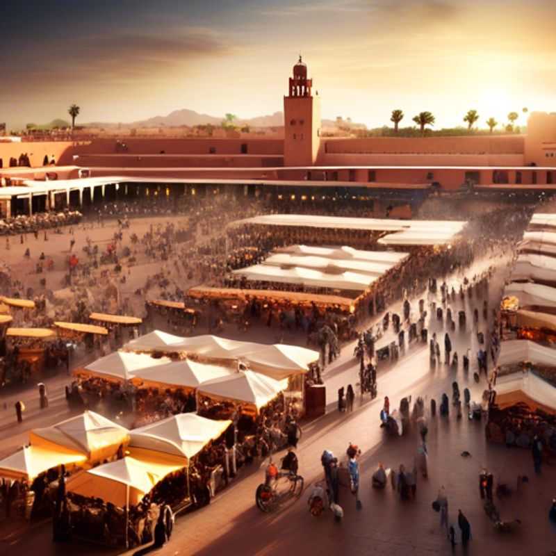 La place Djemaa el-Fna à Marrakech, un vibrant spectacle de charmeurs de serpents, conteurs, et vendeurs de nourriture, au cœur de la médina.