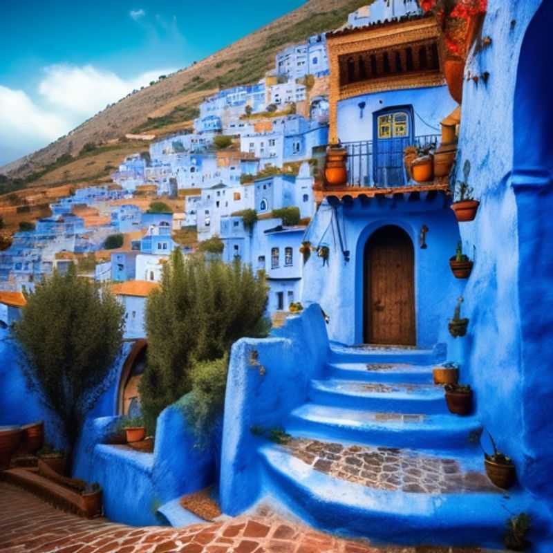 Chefchaouen, Maroc : Ses maisons bleues emblématiques sous un ciel ensoleillé.