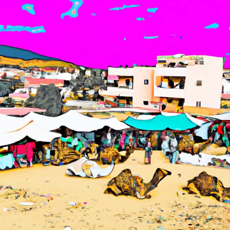 A bustling scene of vibrant colors and exotic charm at the Guelmim Camel Market in Morocco, where a family with curious children embarks on a 5-day adventure between summer and fall, ready to immerse themselves in the captivating sights, sounds, and experiences of this enchanting land.
