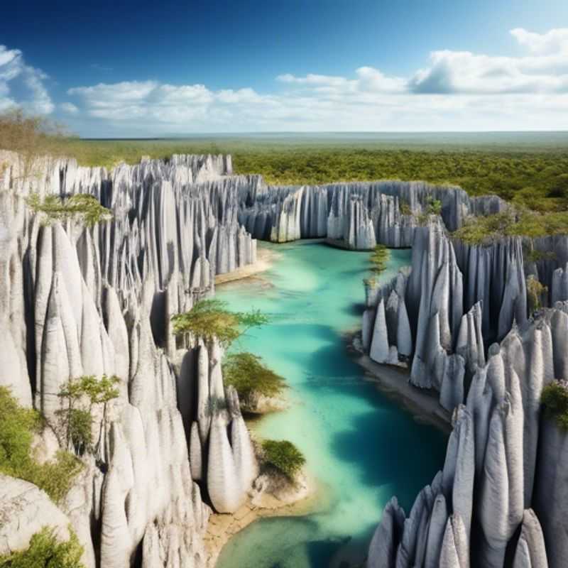A family of intrepid adventurers, The Long-term Travelers, navigating the otherworldly limestone formations of Tsingy de Bemaraha, Madagascar, during the magical transition between summer and fall.