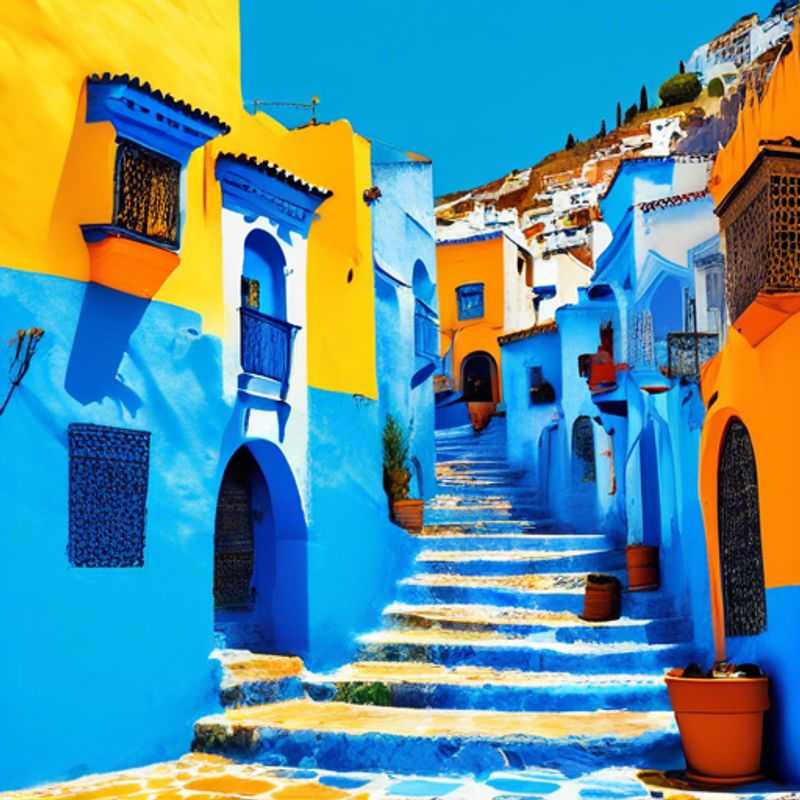 A lone traveler strolling through the charming, blue-washed alleyways of Chefchaouen, Morocco, immersing themselves in the tranquil, vibrant atmosphere of this captivating North African town during the warm summer months.