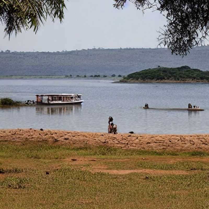 Quatre amis profitant du magnifique coucher de soleil sur le majestueux lac Victoria, une destination idéale pour des vacances d'été inoubliables au Kenya, en Ouganda et en Tanzanie.