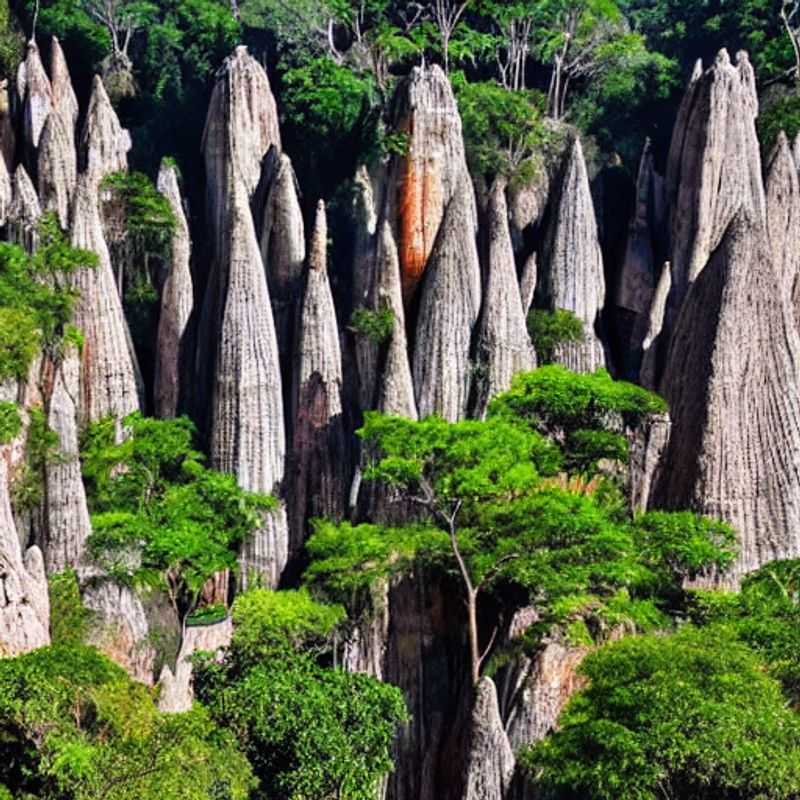 Jagged limestone cathedrals of Tsingy de Bemaraha National Park, Madagascar, reaching towards the summer sky – an otherworldly landscape for adventurous souls seeking a unique summer holiday.