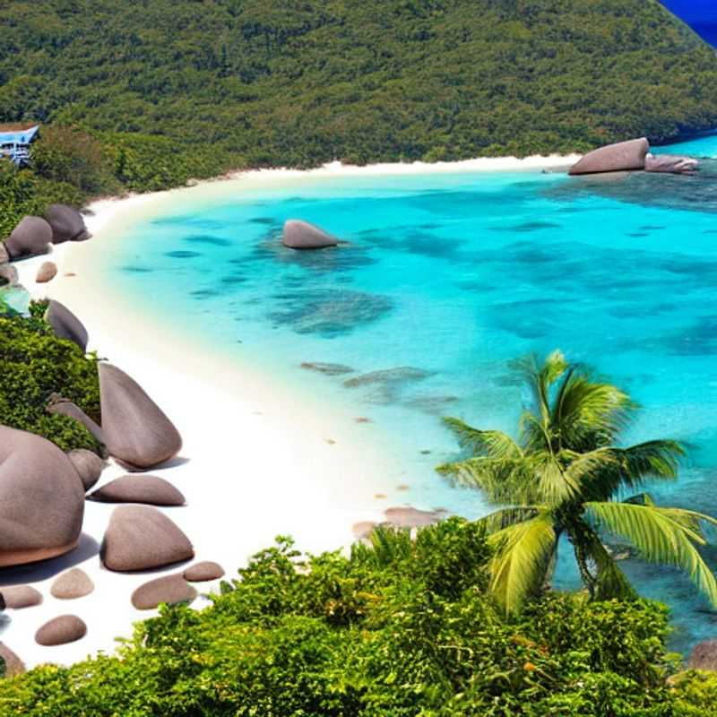 Sable chaud et eaux turquoise : un coin de paradis à Praslin, Seychelles, parfait pour des vacances d'été inoubliables. (Warm sand and turquoise waters: a corner of paradise in Praslin, Seychelles, perfect for an unforgettable summer vacation.)