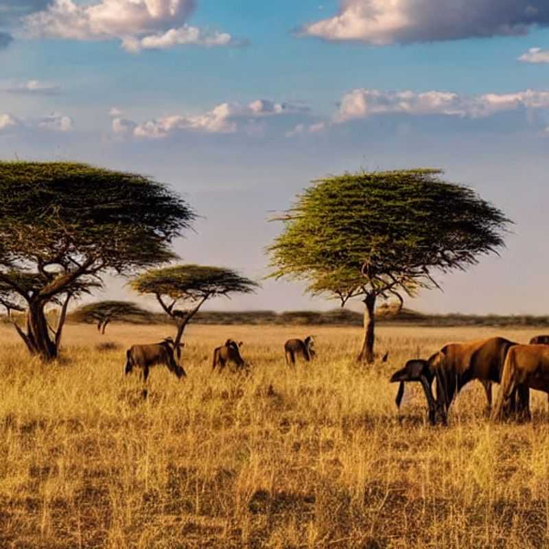 Rebanho de gnus em movimento na vastidão dourada do Maasai Mara, Quênia, sob o sol escaldante de verão. Um espetáculo da natureza selvagem africana que torna o Maasai Mara um destino fascinante para as férias de verão.
