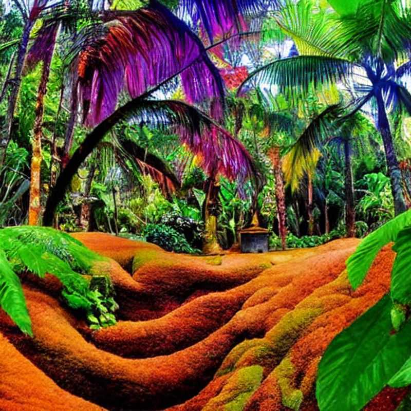 Lush paradise meets social media bliss: An eco-tourist's dream captured in the Seychelles National Botanical Gardens, showcasing vibrant flora and fauna perfect for luxury travel content.