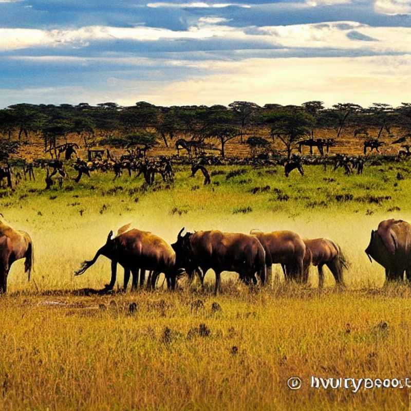 Alt: Manada de gnus cruzando as planícies douradas do Maasai Mara, Quênia, sob o sol escaldante do verão - uma visão épica que responde à pergunta: o Maasai Mara é bom para férias de verão?