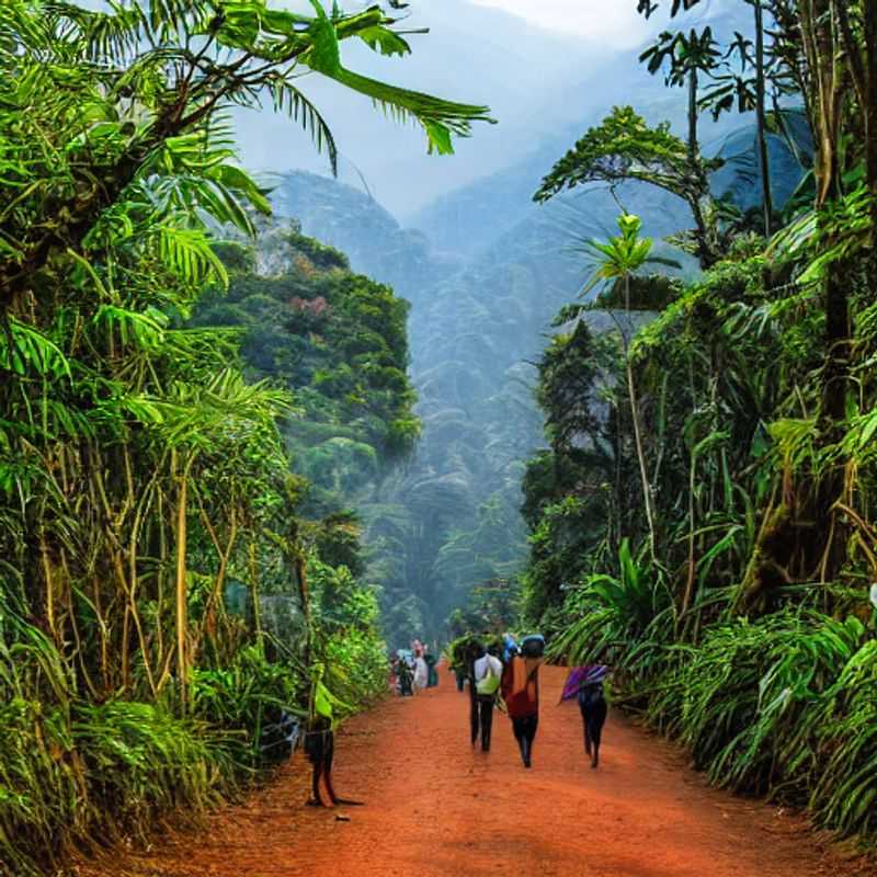 Casal caminhando sob a densa copa verdejante do Parque Nacional da Floresta de Nyungwe, Ruanda, desfrutando da exuberante beleza natural e do clima ameno ideal para umas férias de verão inesquecíveis.
