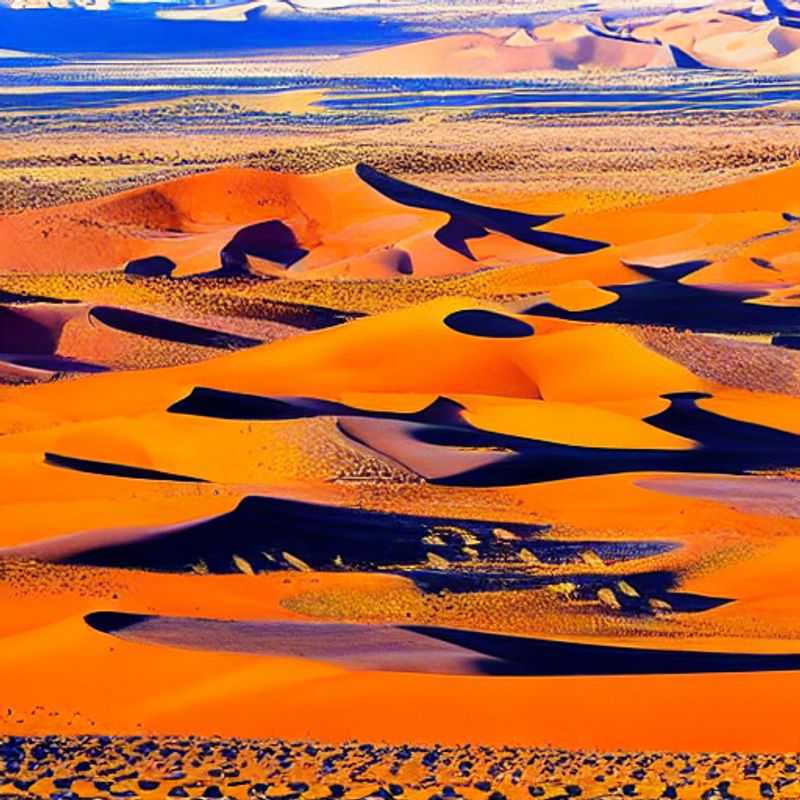 Vast, sun-drenched Sahara Desert dunes under the scorching summer sun, highlighting the extreme heat and potential challenges of a summer holiday in Morocco or Tunisia. Consider heat safety precautions.