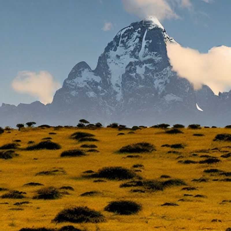 Vue imprenable sur le Mont Kenya, majestueux et baigné de soleil, un cadre idyllique pour des vacances d'été inoubliables au Kenya.